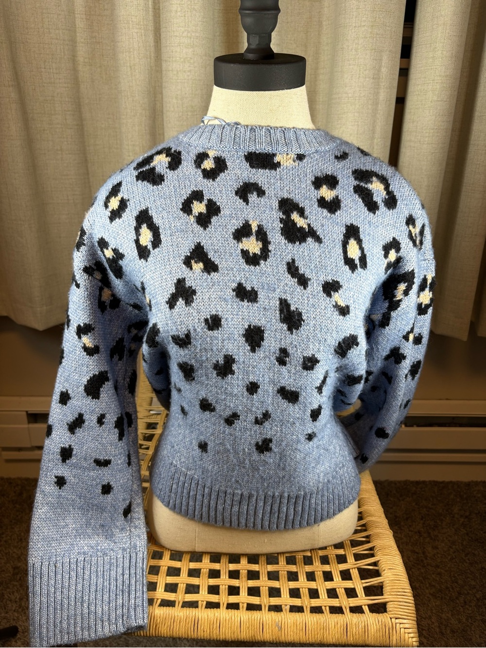 Nine West Light Blue Leopard-Print Crewneck Sweater